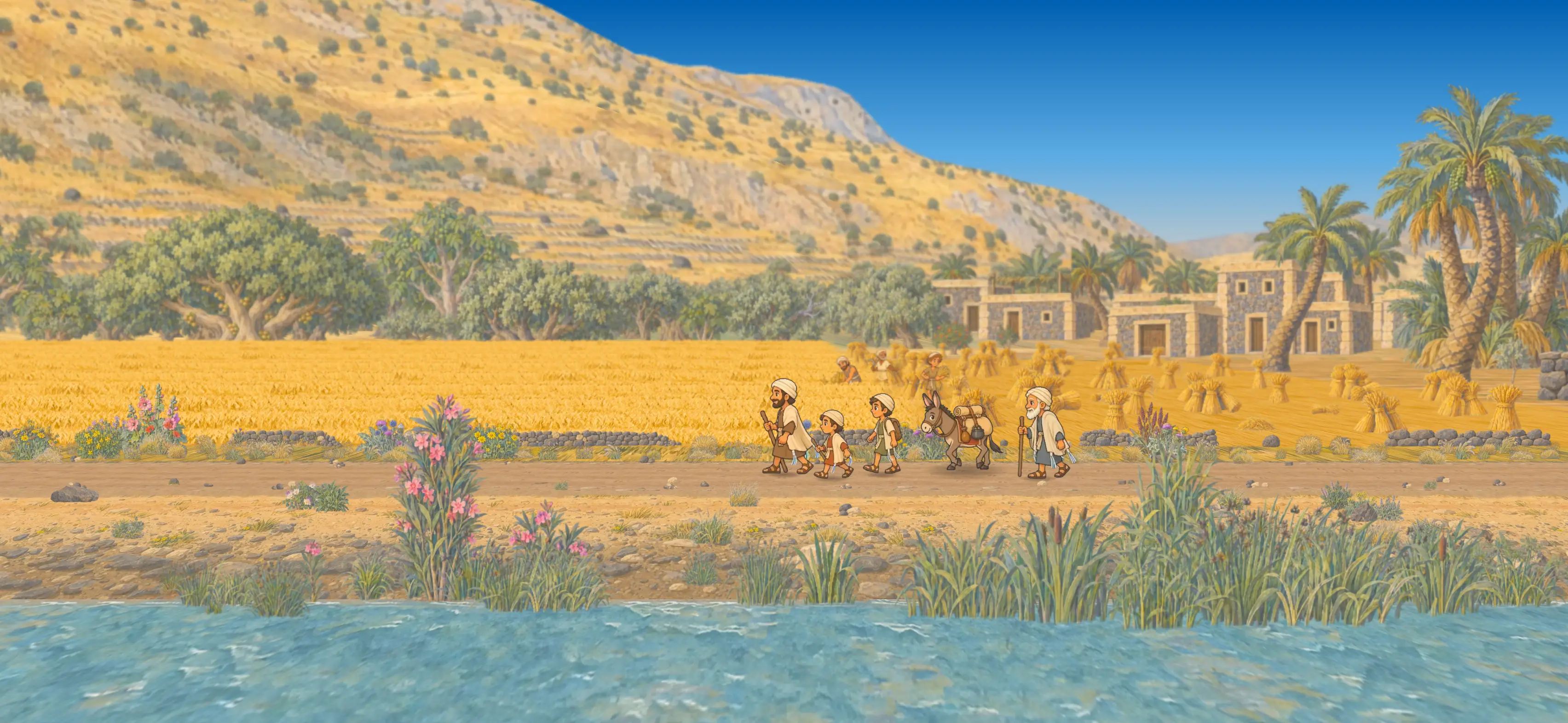A painting of a family walking the shore road near Migdal: a father, two boys, a donkey and a grandfather pass the wheat harvest, with olive trees, date palms and stone houses below a golden hill.