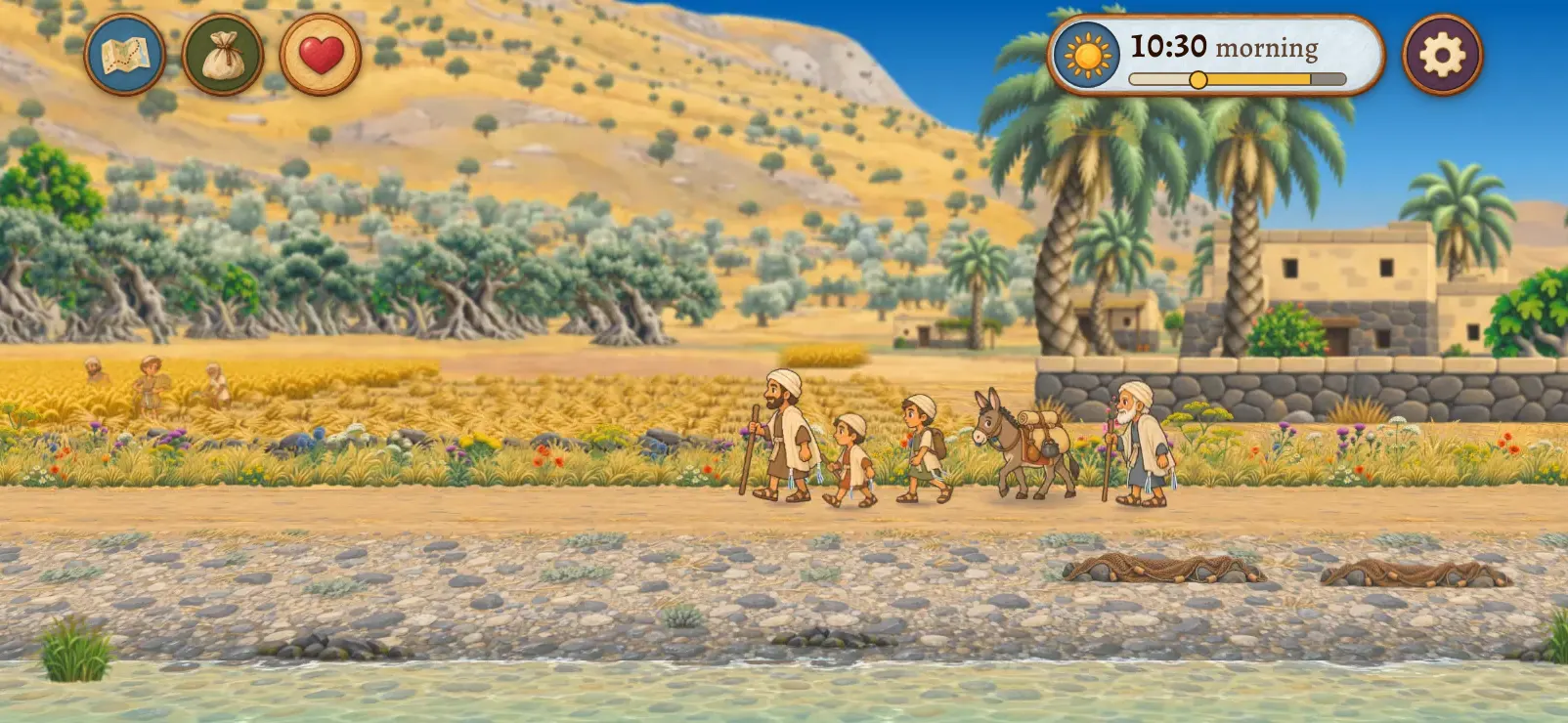 An early look at the game’s walking screen: the family on the road by the water, with round buttons for the map, the family’s sack and how everyone is doing, and the time, 10:30 in the morning.